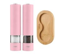 Cooks Professional Electric Salt and Pepper Mill Set with Bamboo Base | Battery Operated Automatic Grinders with Adjustable Grinding & One Touch Operation | Condiment Grinder & Stand | Pink