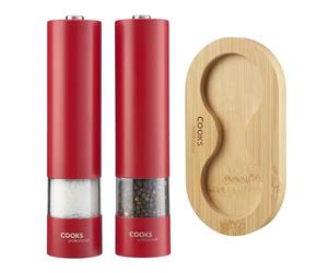 Cooks Professional Electric Salt and Pepper Mill Set with Bamboo Base | Battery Operated Automatic Grinders with Adjustable Grinding & One Touch Operation | Condiment Grinder & Stand | Red