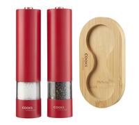 Cooks Professional Electric Salt and Pepper Mill Set with Bamboo Base | Battery Operated Automatic Grinders with Adjustable Grinding & One Touch Operation | Condiment Grinder & Stand | Red