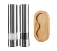 Cooks Professional Electric Salt and Pepper Mill Set with Bamboo Base | Battery Operated Automatic Grinders with Adjustable Grinding & One Touch Operation | Condiment Grinder & Stand | Stainless Steel