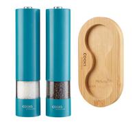 Cooks Professional Electric Salt and Pepper Mill Set with Bamboo Base | Battery Operated Automatic Grinders with Adjustable Grinding & One Touch Operation | Condiment Grinder & Stand | Teal