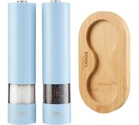 Cooks Professional Electric Salt and Pepper Mill Set with Bamboo Base | Battery Operated Automatic Grinders with Adjustable Grinding & One Touch Operation | Condiment Grinder & Stand | Blue