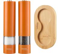 Cooks Professional Electric Salt and Pepper Mill Set with Bamboo Base | Battery Operated Automatic Grinders with Adjustable Grinding & One Touch Operation | Condiment Grinder & Stand | Orange