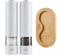 Cooks Professional Electric Salt And Pepper Mill Set With Bamboo Stand - Automatic Seasoning Condiment Grinders - White