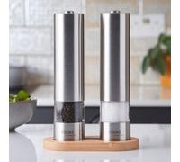 Cooks Professional Electric Salt and Pepper Mill Set with Bamboo Base | Battery Operated Automatic Grinders with Adjustable Grinding & One Touch Operation | Condiment Grinder & Stand | Stainless Steel