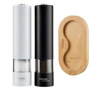 Cooks Professional Electric Salt And Pepper Mill Set With Bamboo Stand - Automatic Seasoning Condiment Grinders - Black & White
