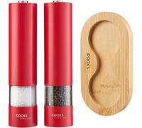 Cooks Professional Electric Salt and Pepper Mill Set with Bamboo Base | Battery Operated Automatic Grinders with Adjustable Grinding & One Touch Operation | Condiment Grinder & Stand | Red