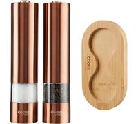 Cooks Professional Electric Salt and Pepper Mill Set with Bamboo Base | Battery Operated Automatic Grinders with Adjustable Grinding & One Touch Operation | Condiment Grinder & Stand | Copper