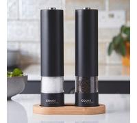 Cooks Professional Electric Salt and Pepper Mill Set with Bamboo Base | Battery Operated Automatic Grinders with Adjustable Grinding & One Touch Operation | Condiment Grinder & Stand | Black