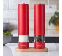 Cooks Professional K733 Red Electric Salt and Pepper Mill Set with Bamboo Stand - Size: 22.3 x 5.2 x 5.2cm - Wilko