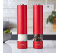 Cooks Professional Electric Automatic Salt and Pepper Mill Set | Battery Operated Grinders | Adjustable Grinding & One Touch Button | Condiment Grinder | Red