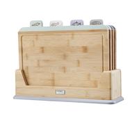 Cooks Professional Set of 4 Index Chopping Boards | Bamboo Chopping Boards with Stand | Wooden Food Preparation Cutting Blocks with Tabs for Fruit & Vegetables, Meat, Fish & Bread | Multi Coloured