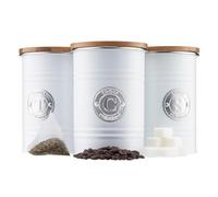 Cooks Professional Kitchen Storage Canister Set 3 Piece Tin Containers for Tea, Coffee, Sugar with Silver Detailing (White)