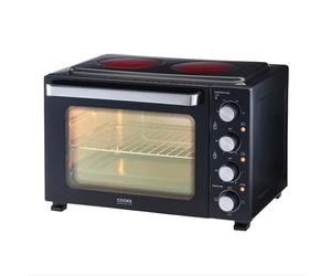 Cooks Professional Mini Portable Oven with Ceramic Hobs | Energy Efficient Electric Countertop Cooker with Two Hot Plates & Wire Rack Baking Tray | Kitchen Grill Ovens | 34L Capacity | Black & Silver