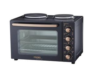 Cooks Professional Mini Portable Oven with Hobs | Energy Efficient Electric Countertop Cooker with Two Hot Plate Hobs & Wire Rack Baking Tray | Kitchen Table Ovens | 34L Capacity | Black and Copper