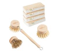 Cooks Professional Plastic-Free Cleaning Tool Set - 4 X Cellulose & Loofah Scourer Sponges & Long-Handled Bamboo Washing Up Brush