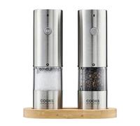 Cooks Professional Rechargeable Salt and Pepper Mill Set with Bamboo Base | Stainless Steel Seasoning Grinder with USB-C Charging, Adjustable Grind, One Button Operation | Silver