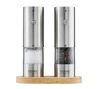 Cooks Professional Rechargeable Salt and Pepper Mill Set with Bamboo Base | Stainless Steel Grinders with Wooden Stand, USB-C Charging, Adjustable Grind and One Button Operation | Silver