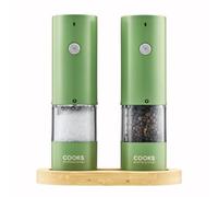 Cooks Professional Rechargeable Salt and Pepper Mill Set with Bamboo Base | Stainless Steel Seasoning Grinder with USB-C Charging, Adjustable Grind, One Button Operation | Green