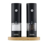 Cooks Professional Rechargeable Salt and Pepper Mill Set with Bamboo Base | Stainless Steel Seasoning Grinder with USB-C Charging, Adjustable Grind, One Button Operation | Black