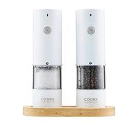 Cooks Professional Rechargeable Salt and Pepper Mill Set with Bamboo Base | Stainless Steel Seasoning Grinder with USB-C Charging, Adjustable Grind, One Button Operation | White