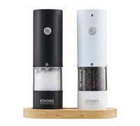 Cooks Professional Rechargeable Salt and Pepper Mill Set with Bamboo Base | Stainless Steel Seasoning Grinder with USB-C Charging, Adjustable Grind, One Button Operation | Black & White