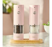 Cooks Professional Rechargeable Salt and Pepper Mill Set with Bamboo Base | Stainless Steel Seasoning Grinder with USB-C Charging, Adjustable Grind, One Button Operation | Pink