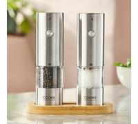 Cooks Professional Rechargeable Salt and Pepper Mill Set with Bamboo Base | Stainless Steel Grinders with Wooden Stand, USB-C Charging, Adjustable Grind and One Button Operation | Silver