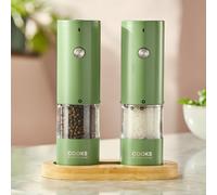 Cooks Professional Rechargeable Salt and Pepper Mill Set with Bamboo Base | Stainless Steel Grinders with Wooden Stand, USB-C Charging, Adjustable Grind and One Button Operation | Green