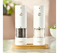 Cooks Professional Rechargeable Salt and Pepper Mill Set with Bamboo Base | Stainless Steel Grinders with Wooden Stand, USB-C Charging, Adjustable Grind and One Button Operation | White