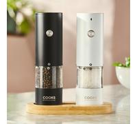 Cooks Professional Rechargeable Salt and Pepper Mill Set with Bamboo Base | Stainless Steel Seasoning Grinder with USB-C Charging, Adjustable Grind, One Button Operation | Black & White