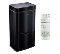 Cooks Professional Recycling Sensor Bin 75L with Dual Compartments and Removable Food Caddy for Kitchen | Smart Automatic Brushed Metal Bins | Includes 25 Biodegradable Bin Bags | Black