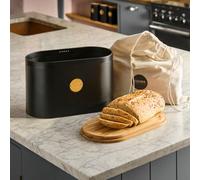 Cooks Professional Ribbed Bread Bin With Linen Bag & 2-In-1 Bamboo Cutting Board Lid - Black & Gold
