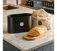 Cooks Professional Ribbed Bread Bin With Linen Bag & 2-In-1 Bamboo Cutting Board Lid - Black & Silver