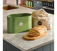 Cooks Professional Ribbed Bread Bin With Linen Bag & 2-In-1 Bamboo Cutting Board Lid - Green & Silver