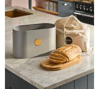 Cooks Professional Ribbed Bread Bin with Linen Bag & 2-in-1 Bamboo Cutting Board Lid | Modern, Stylish & Breathable Countertop Food Storage Canister for Loaves, Rolls, Pastries | Grey/Gold