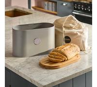 Cooks Professional Ribbed Bread Bin with Linen Bag & 2-in-1 Bamboo Cutting Board Lid | Modern, Stylish & Breathable Countertop Food Storage Canister for Loaves, Rolls, Pastries | Grey & Silver