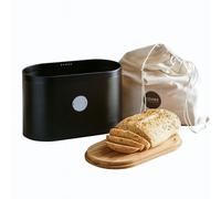 Cooks Professional Ribbed Bread Bin with Linen Bag & 2-in-1 Bamboo Cutting Board Lid | Modern, Stylish & Breathable Countertop Food Storage Canister for Loaves, Rolls, Pastries | Black & Silver