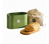 Cooks Professional Ribbed Bread Bin with Linen Bag & 2-in-1 Bamboo Cutting Board Lid | Modern, Stylish & Breathable Countertop Food Storage Canister for Loaves, Rolls, Pastries | Green & Silver