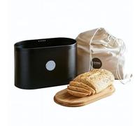 Cooks Professional Ribbed Bread Bin with Linen Bag & 2-in-1 Bamboo Cutting Board Lid | Modern, Stylish & Breathable Countertop Food Storage Canister for Loaves, Rolls, Pastries | Black & Silver