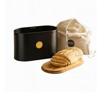 Cooks Professional Ribbed Bread Bin with Linen Bag & 2-in-1 Bamboo Cutting Board Lid | Modern, Stylish & Breathable Countertop Food Storage Canister for Loaves, Rolls, Pastries | Black & Gold