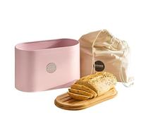Cooks Professional Ribbed Bread Bin with Linen Bag & 2-in-1 Bamboo Cutting Board Lid | Modern, Stylish & Breathable Countertop Food Storage Canister for Loaves, Rolls, Pastries | Pink & Silver