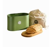 Cooks Professional Ribbed Bread Bin with Linen Bag & 2-in-1 Bamboo Cutting Board Lid | Modern, Stylish & Breathable Countertop Food Storage Canister for Loaves, Rolls, Pastries | Green & Silver