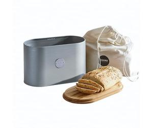 Cooks Professional Ribbed Bread Bin with Linen Bag & 2-in-1 Bamboo Cutting Board Lid | Modern, Stylish & Breathable Countertop Food Storage Canister for Loaves, Rolls, Pastries | Grey & Silver