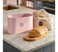 Cooks Professional Ribbed Bread Bin With Linen Bag & 2-In-1 Bamboo Cutting Board Lid - Pink & Silver