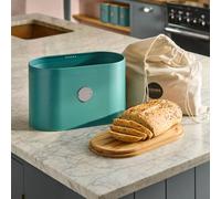 Cooks Professional Ribbed Bread Bin with Linen Bag & 2-in-1 Bamboo Cutting Board Lid | Modern, Stylish & Breathable Countertop Food Storage Canister for Loaves, Rolls, Pastries | Teal & Silver