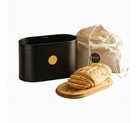 Cooks Professional Ribbed Bread Bin with Linen Bag, Bamboo Cutting Board Lid & Gold Label in Black Cooks Professional Black