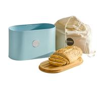 Cooks Professional Ribbed Bread Bin With Linen Bag & 2-In-1 Bamboo Cutting Board Lid - Blue & Silver