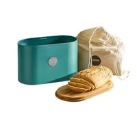 Cooks Professional Ribbed Bread Bin With Linen Bag & 2-In-1 Bamboo Cutting Board Lid - Teal & Silver