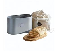 Cooks Professional Ribbed Bread Bin with Linen Bag & Cutting Board Lid | 2-in-1 Bamboo Lid, Modern, Stylish & Breathable Countertop Food Storage Canister for Loaves, Rolls, Pastries | Grey & Silver